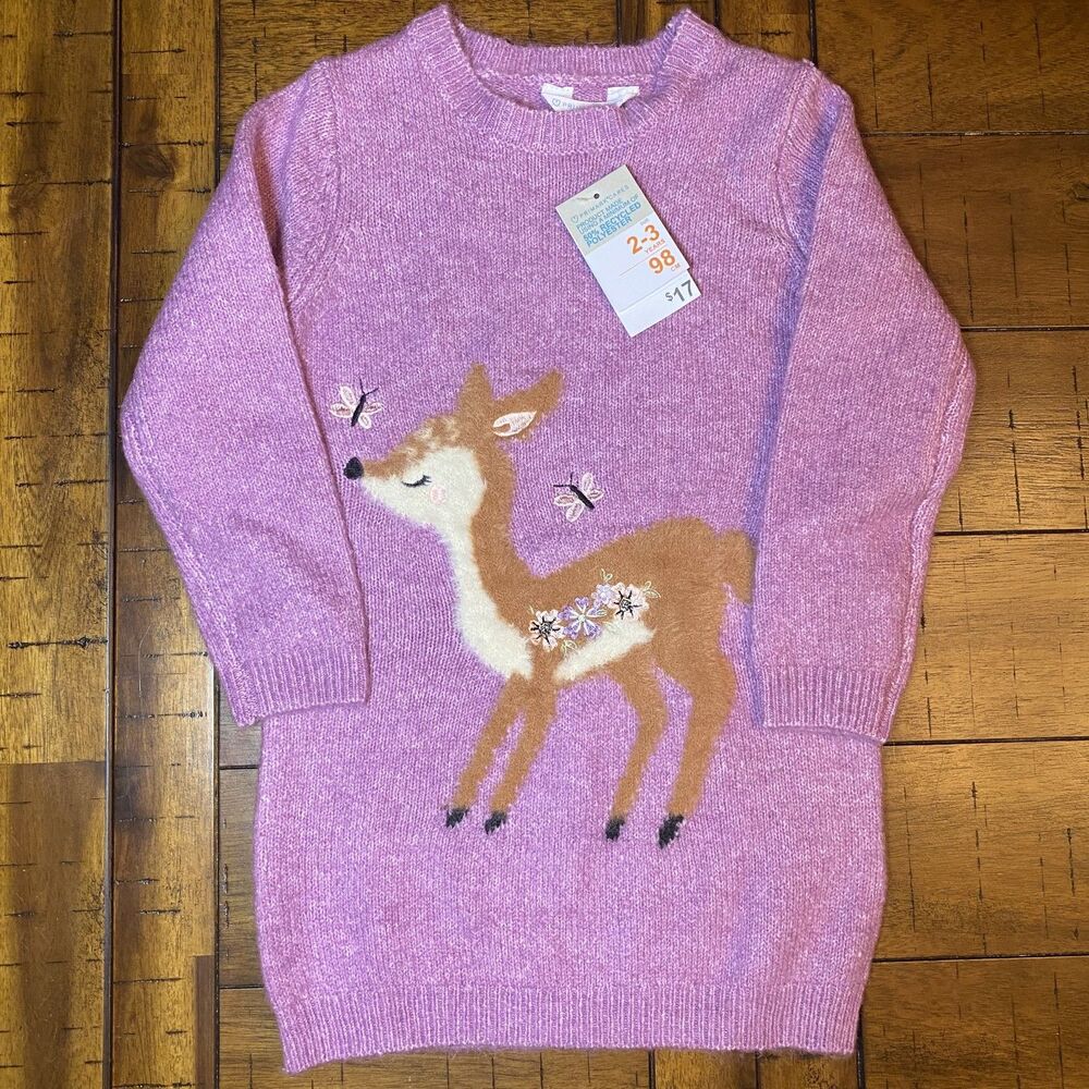 NWT Primark Cares Girl's Purple Sweater Dress with Deer Size 2-3years